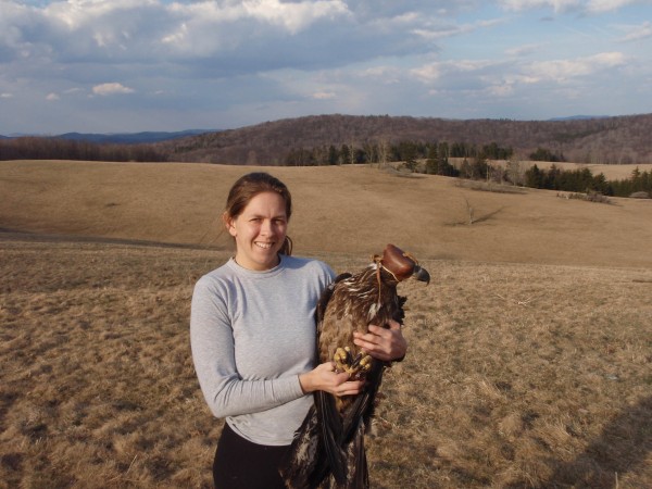 Libby Mojica, holds the bald eagle caught in Highland County