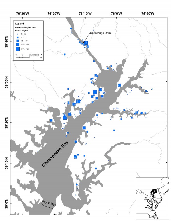 Map of communal roosts delineated with satellite data within the upper Chesapeake Bay Bald Eagle Concentration Area