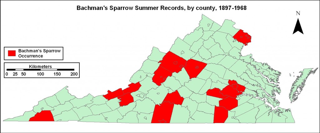 Map showing Bachman's sparrow population reduction in Virginia 1897-1968