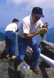 Mitchell Byrd and Amanda Allen Beheler prepare for a hack in the early 1990s in Shenadoah National Park