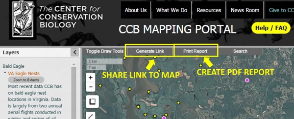 Use the "Generate Link" button to create a shareable link to the current map in the URL bar. Use the "Print Report"button to create a PDF report of the current map.