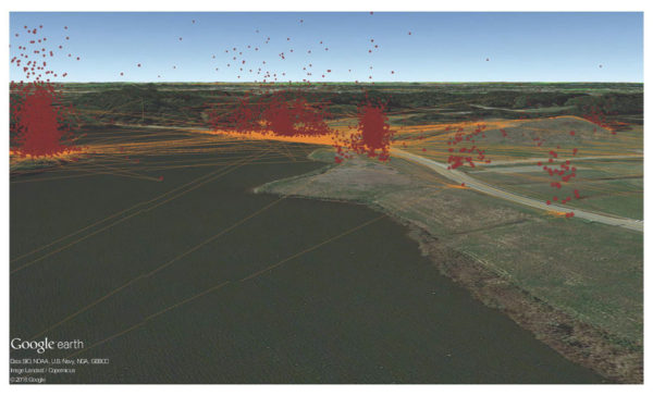 3D tracking pattern for a single bald eagle just off the north end of a military runway in Virginia. The columns of transmitter locations represent favored locations of the bird and the frequency of altitudes for those sites. Data from CCB.