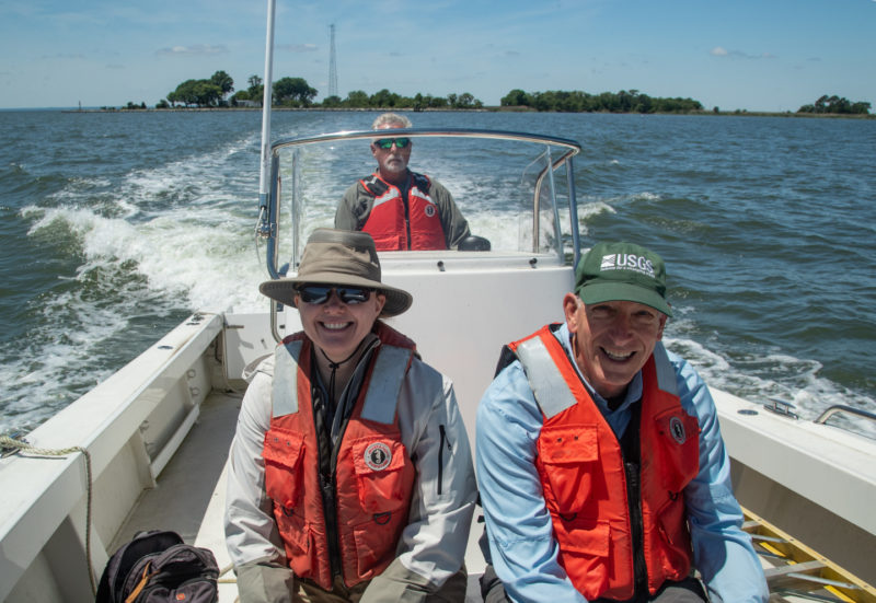 Dan Day (USGS) pilots a boat on the Choptank River in MD with Barnett Rattner (USGS) and Marie Pitts (CCB) during a trip to install cameras on a sample of nests. Barnett and Dan have monitored the Lower Choptank Study Area during the 2024 field season. Photo by Bryan Watts.