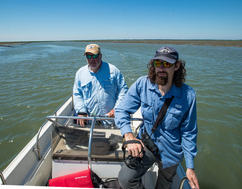 Bart Paxton and Chance Hines survey whimbrels on a boat