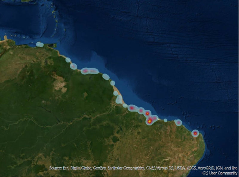 Distribution (heat map) of transmittered whimbrels