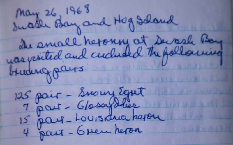 Entry from 26 May 1968 by Mitchell Byrd describing a survey of a heronry on Swash Bay