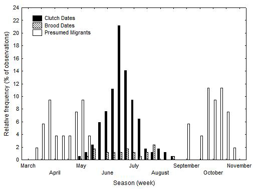 Frequency distribution of historic egg records, brood records and birds presumed to be migrants for eastern black rails