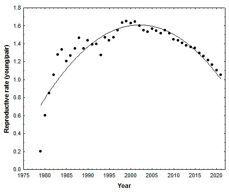 Long-term pattern of productivity for bald eagles breeding along the James River in Virginia.