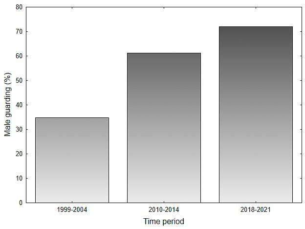 Male bald eagles have doubled their allocation to nest guarding from 1999 through 2021.
