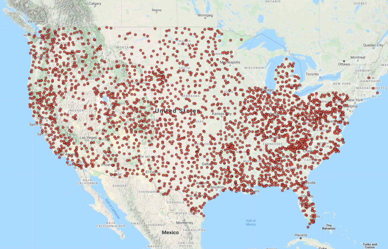 Map of all nightjar project routes in the United States