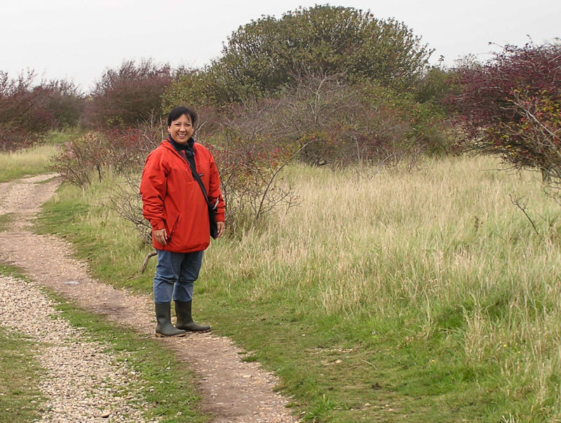 Marian in the field helping with winter sparrow surveys.