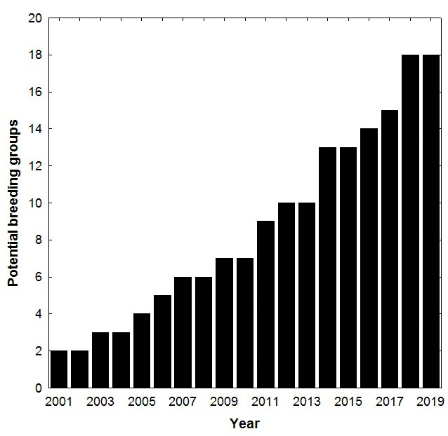 The number of potential breeding groups known in Virginia (2001-2019)