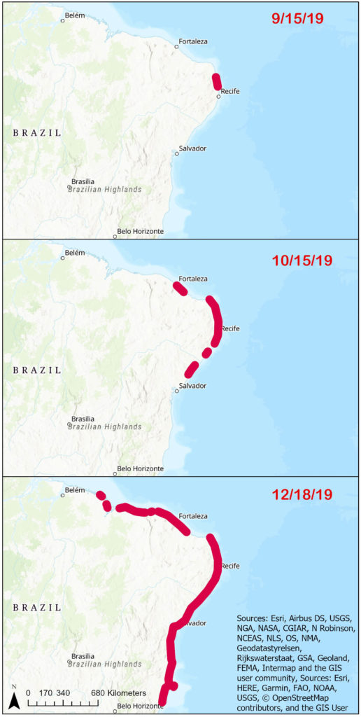 Time series of reported crude oil washed up along the coast of Brazil.